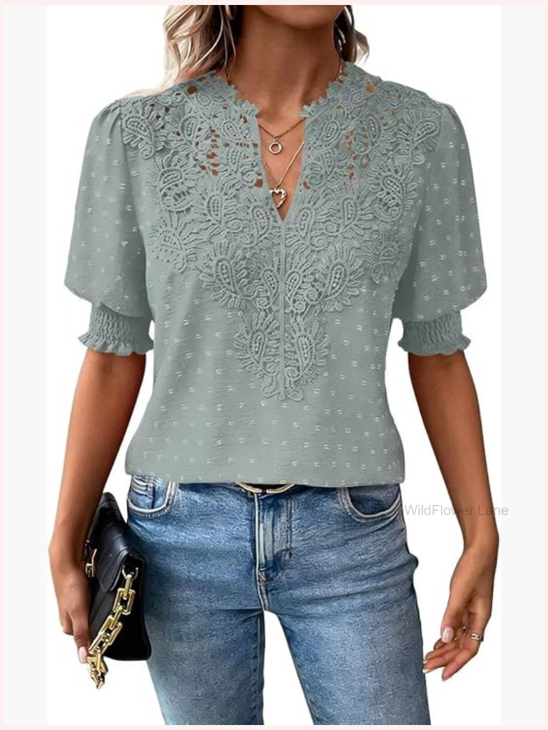 Swiss Dot Boho Short Sleeve V Neck Blouse Lace Crop Flowy Tunic